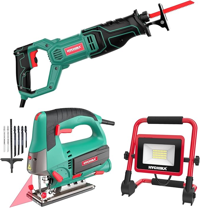 HYCHIKA Reciprocating Saw, 30W LED Work Light, 6.7A Jig Saw, Laser class: II, 3-Tool Power Tool Combo Kit