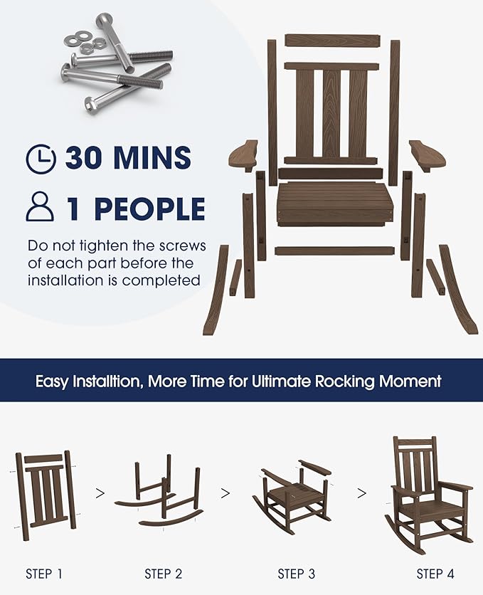 KINGYES Oversized Outdoor Rocking Chair Set of 4, All-Weather Patio Rocking Chairs for Porch, HDPE Outdoor Patio Rockers with High Back & Wide Seat for Garden, Lawn, Brown