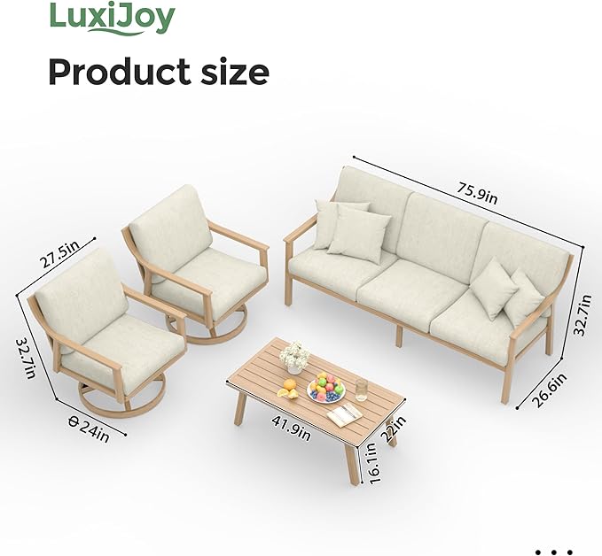 Patio Conversation Sets 4 Pieces - Aluminum 3 Seater Sofa Outdoor Furniture Sets with Thick Cushion, Coffee Table and Swivel Chairs Set of 2, Rustproof and Waterproof for Porch Deck Yard,Beige