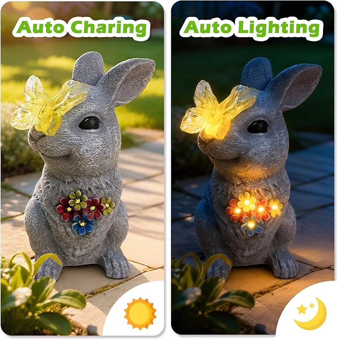 Charming Bunny Garden Statue with Solar Light - Rabbit Figurine Featuring Glowing Flowers & Butterfly - Rustic Outdoor Decor for Spring Patio & Yard - Christmas Birthday Gifts for Grandma Mom Women