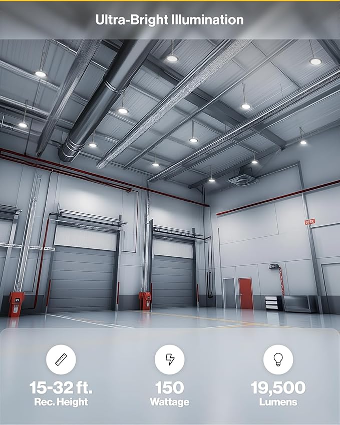 Sunco 6 Pack UFO LED High Bay Light, Shop Lights for Warehouse, Plug & Play, 19500 LM, 150W, 6000K Daylight Deluxe, Power Cord Included, IP65 Waterproof Shatterproof Fixture UL.