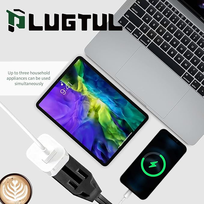 PLUGTUL 3-Pack Indoor Extension Cord (6/9/12FT), 2 Prong Black Extension Cord, 3 Polarized Outlets with Safety Cap Protect for Home Office, 16/2 SPT-2 ETL Listed