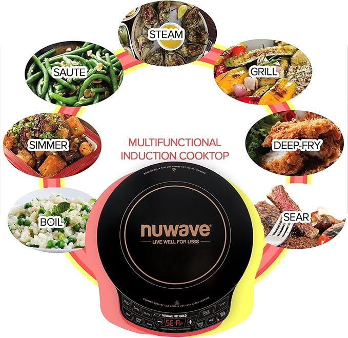 Nuwave Gold Precision Induction Cooktop, Portable, Large 8” Heating Coil, 12” Shatter-Proof Ceramic Glass Surface, 3 Wattage Settings 600, 900, and 1500 Watts, 9” Duralon Non-Stick Fry Pan Included