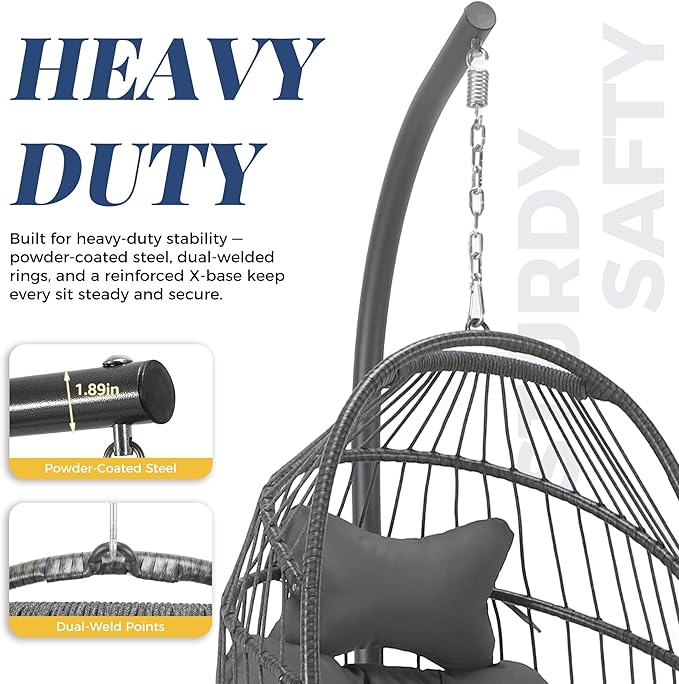 BLUEXYARD Outdoor Egg Chair Swing with Stand and Cover, 350 Lbs Rattan Wicker Egg Hanging Chair with Cushion, Compact Foldable Basket Hammock for Balcony Apartment Garden Backyard Bedroom, Dark Grey