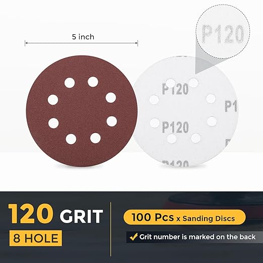 HARFINGTON 100 Pcs 5 Inch Sanding Discs, 120 Grit Hook and Loop Sandpaper, 8-Hole Aluminum Oxide Orbital Sander Sandpaper for Woodworking Automotive Metal Polishing, Red