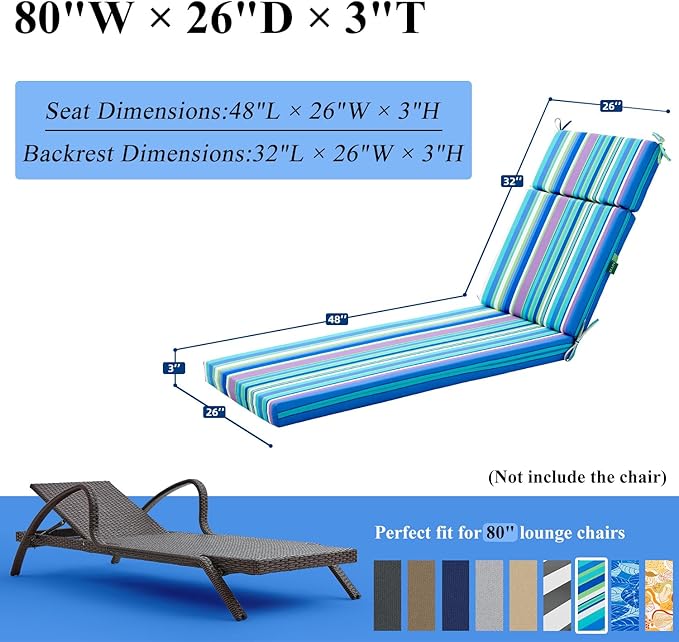 FILUXE Chaise Lounge Cushions Outdoor Furniture, High-Density Foam Chair Cushion with Ties, Weather & Fade Resistant - Patio Recliner Chairs Cushions for Lawn, Pool & Beach 80x26x3 Inch, Stripe Blue