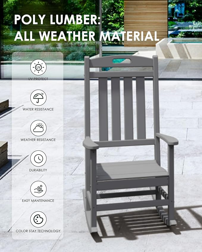 Outdoor Rocking Chair Set of 6, All-Weather Resistant Poly Lumber Rocker Chair Outdoor, High Back Plastic Patio Rocking Chairs for Outside Porch Rocker Garden Lawn, Slate Grey