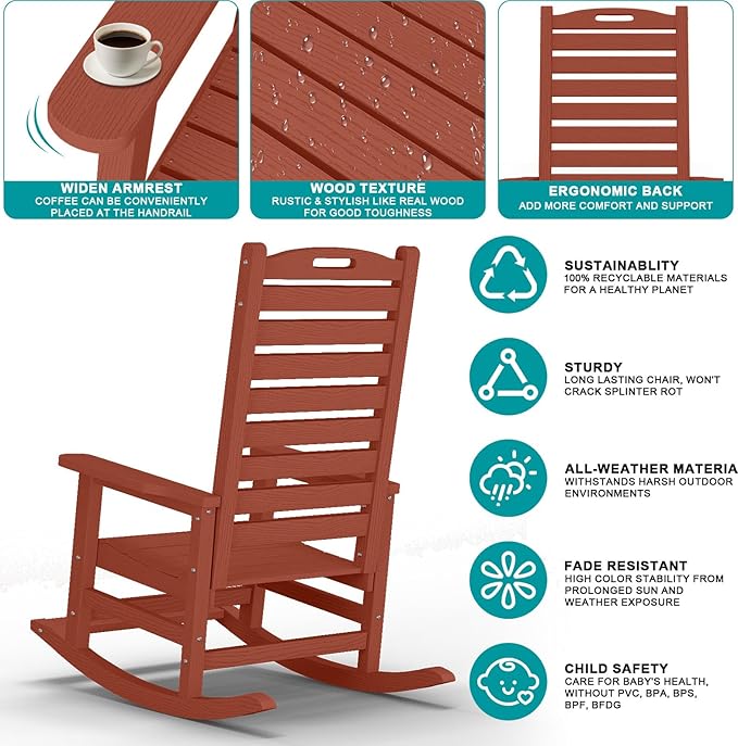Outdoor Rocking Chair Set of 6 with Removable Footboard for Adults, HDPE High Back Patio Rocking Chairs, 330lbs All Weather Porch Rocking Chairs for Outdoor & Indoor -Reddish Brown