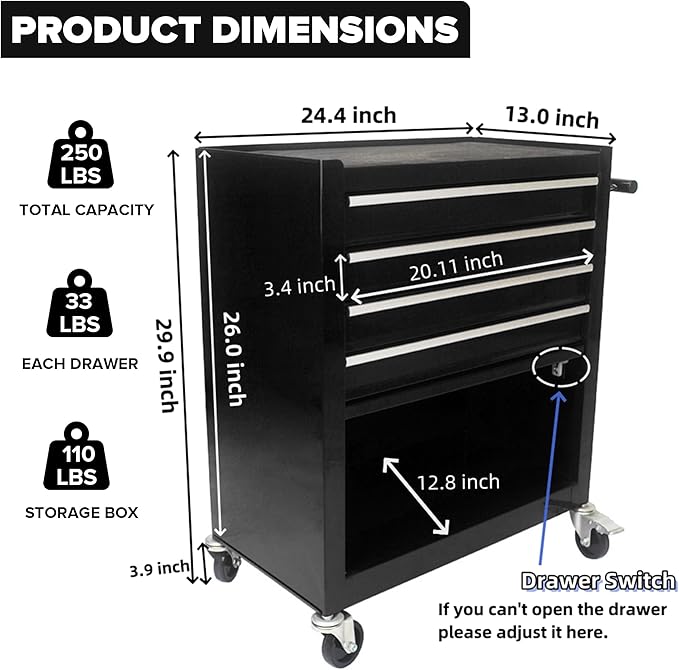 4 Drawers Tool Cart on Wheels,Rolling Tool Box Tool Storage， Drawers Rolling Tool Box Organizer Tool Case for Garage, Warehouse, Workshop, Repair Shop (4 Drawers(Black))