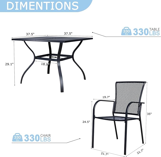 5 Piece Outdoor Dining Set, Patio Dining Set for 4, 37.5" Black Square Mesh Table with 4 All Weather Mesh Outdoor Dining Chairs for Lawn, Garden, Porch