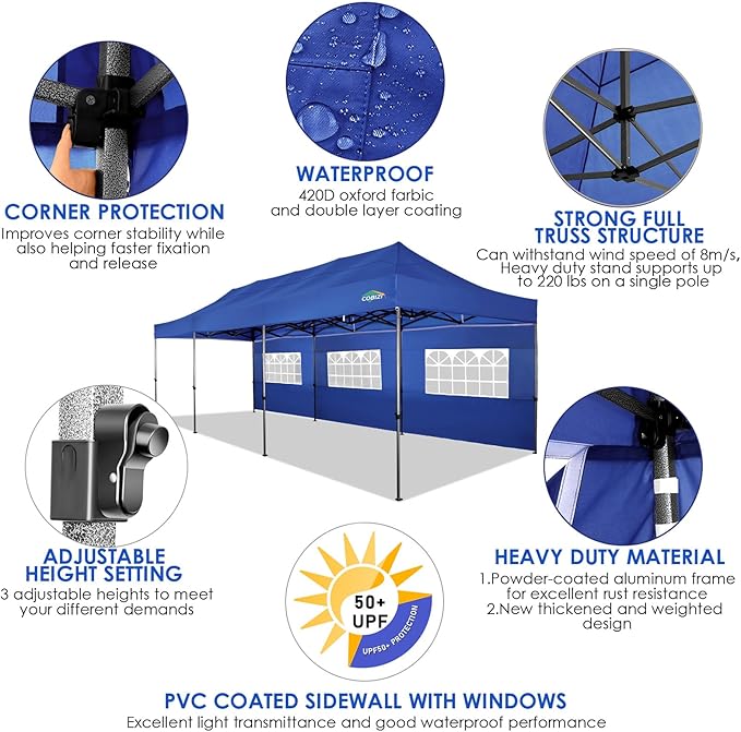 COBIZI 10x30 Heavy Duty Pop up Canopy with 8 sidewalls Stable Wedding Outdoor Tents for Parties Canopy Pop Up Party Tent UPF 50+ Waterproof Commercial Gazebo with Roller Bag, Navy Blue Upgraded