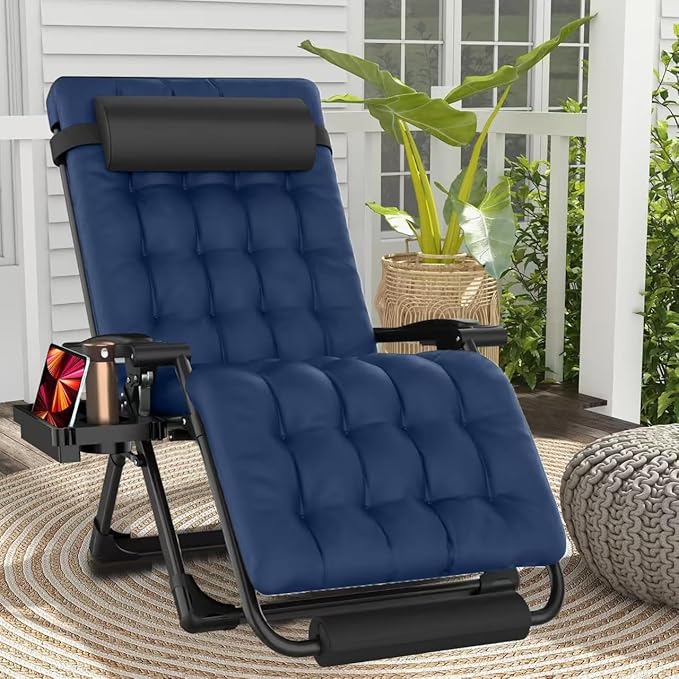 XXL Zero Gravity Lounge Chair 33", Oversized Padded Folding Recliner for Patio with Storage Bag, Removable Cushion, Footrest, Full Aluminum Lock & Large Cup Holder, Supports 500 lbs, Blue