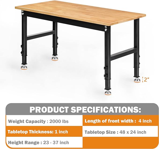 Betterhood 48" Heavy-Duty Adjustable Workbench for Garage, Rubber Wood Shop Table W/Rubber Pads, Hardwood Workstation Weight Capacity Over 2000 Lbs
