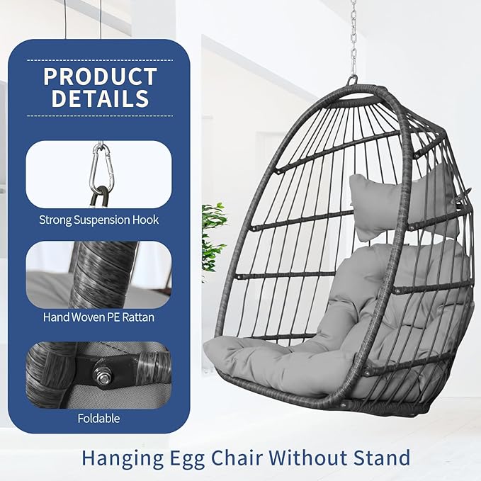 Nicesoul Hanging Egg Chair Outdoor Without Stand, Indoor Swing Egg Basket Ceiling Tree Chairs with Cushion, 350lbs Egg-Shaped Hammock Chair No Stand for Patio, Backyard, Balcony, Bedroom,Porch, Gray