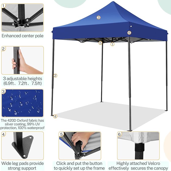 COBIZI 6.6x6.6 Heavy Duty Pop up Canopy Tent Without Sidewalls, Easy Set-up Commercial Outdoor Party Tent, 100% Waterproof Wedding Canopy Gazebo, 3 Height Adjustable with Carry Bag, Dark Blue