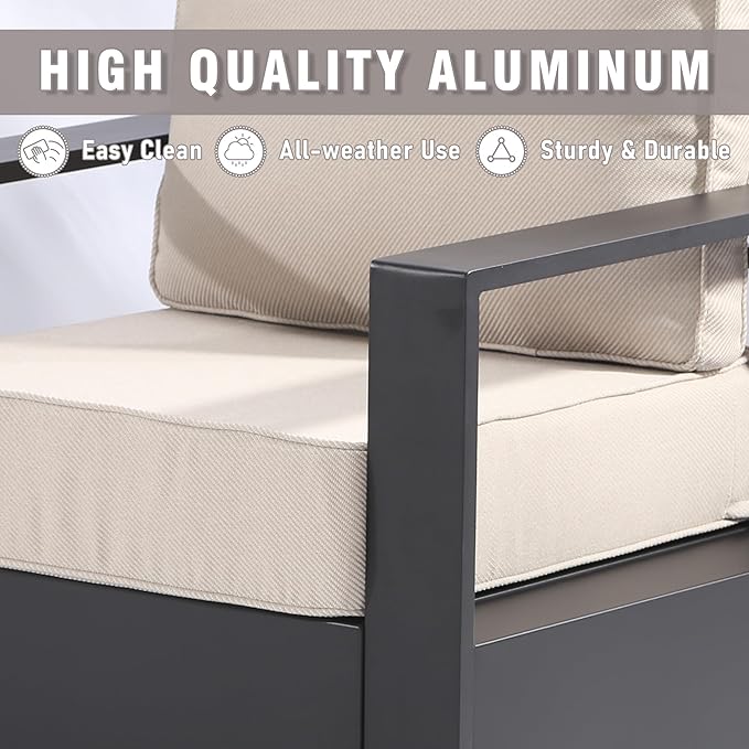Aluminum Patio Chair - Outdoor Chair with 6" Thick Water-insistant Cushions, All-Weather Use Frame, Removable Cover, Ideal for Garden, Poolside (Beige)