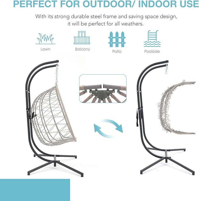 Patiorama 2 Person Double Egg Swing Chair with Stand Indoor Outdoor, Patio Wicker Rattan Hanging Egg Chair w/Cushion, Pillow, Foldable Hammock Chair 550lbs for Bedroom, Balcony, Garden (Light Blue)
