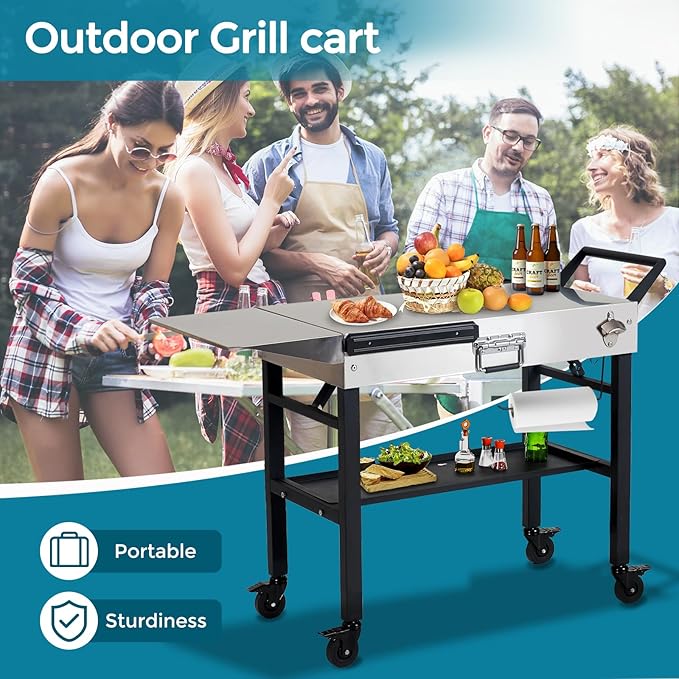Annualing Stainless Steel Portable Outdoor Grill Cart, Foldable Grill Table with Wheels, 31 x 17 Inch, Expansion Table, 17/22 Inch Blackstone Grills, Ninja Woodfire Grills, Pizza Ovens