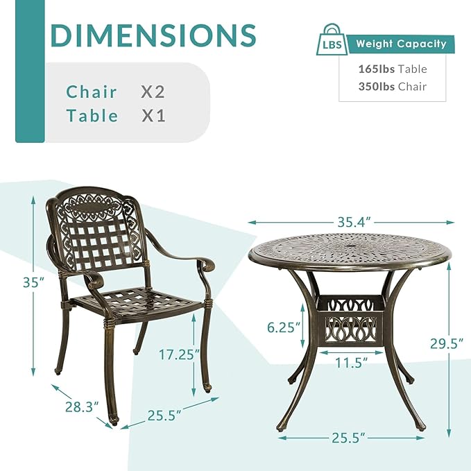 MEETWARM 3 Piece Outdoor Patio Bistro Set, All-Weather Cast Aluminum Dining Furniture Set Includes 2 Chairs and a 35.4” Round Table with Umbrella Hole for Garden Deck