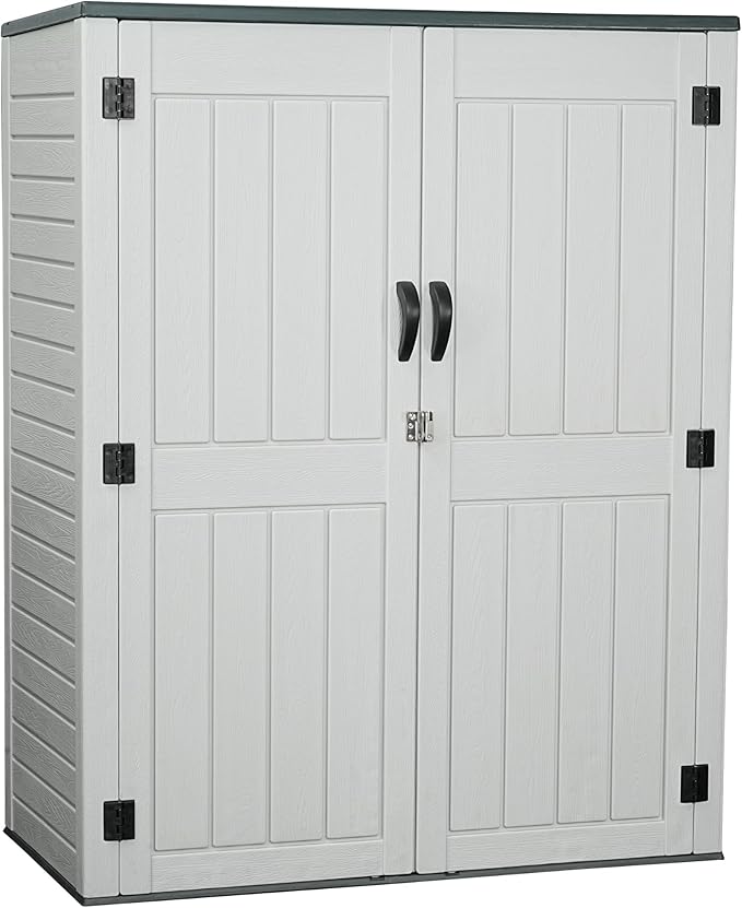 Vertical Resin Storage Shed, 60 Cuft Garden Tool Sheds & Outdoor Storage, Plastic Outdoor Storage Cabinet Waterproof, 4.5 x 2.3 ft Backyard Outside Lawn Mower Storage Shed, Light Grey