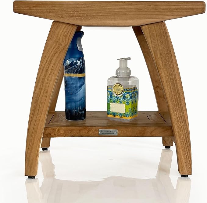 Indonesian Teak Shower Bench with Shelf 18 Inch Stool | Teak Wood Shower Stool & Spa| Waterproof Shower Bench for Indoor and Outdoor Use| Bathroom Stools for Adults Sitting