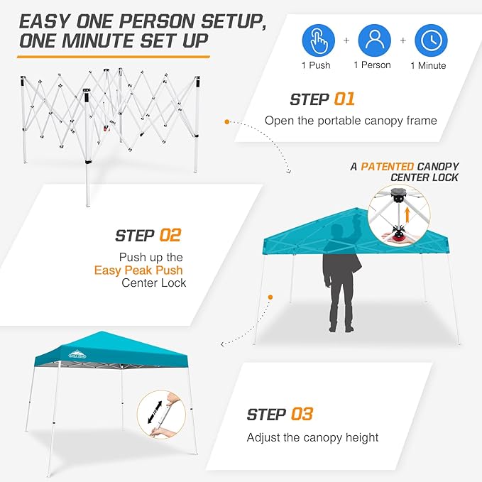 EAGLE PEAK 10x10 Slant Leg Pop-up Canopy Tent Easy One Person Setup Instant Outdoor Beach Canopy Folding Portable Sports Shelter 10x10 Base 8x8 Top (Turquoise)