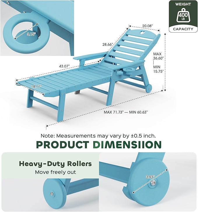 Aokia Pool Lounge Chairs,Chaise Lounge Chair Outdoor with Wheels & Cupholder Oversize HDPE 6-Position Outdoor Chairs for Patio, Lawn, Garden, Poolside (Light Blue)