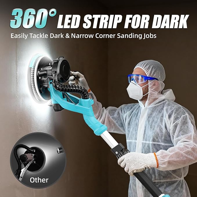 Drywall Sander, 1000W Popcorn Ceiling Removal Tool, Electric Drywall Sander with Vacuum Dust Collection, 30Pcs Sanding Discs, 6 Variable Speed 800-2200RPM, LED Light, Foldable & Extendable Handle