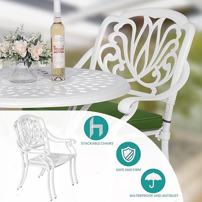 MEETWARM 3 Piece Patio Bistro Set, Outdoor All-Weather Cast Aluminum Dining Furniture Set Includes 2 Chairs and a 31” Round Table with Umbrella Hole for Garden Deck, White