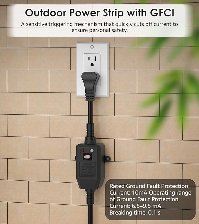 CCCEI GFCI Outdoor Power Strip Weatherproof with 8 AC, Waterproof Extension Cord with Multiple Outlets, Wall Mount Surge Protector Flat Plug, Christmas Exterior Garden, Yard, 25FT, Yellow.