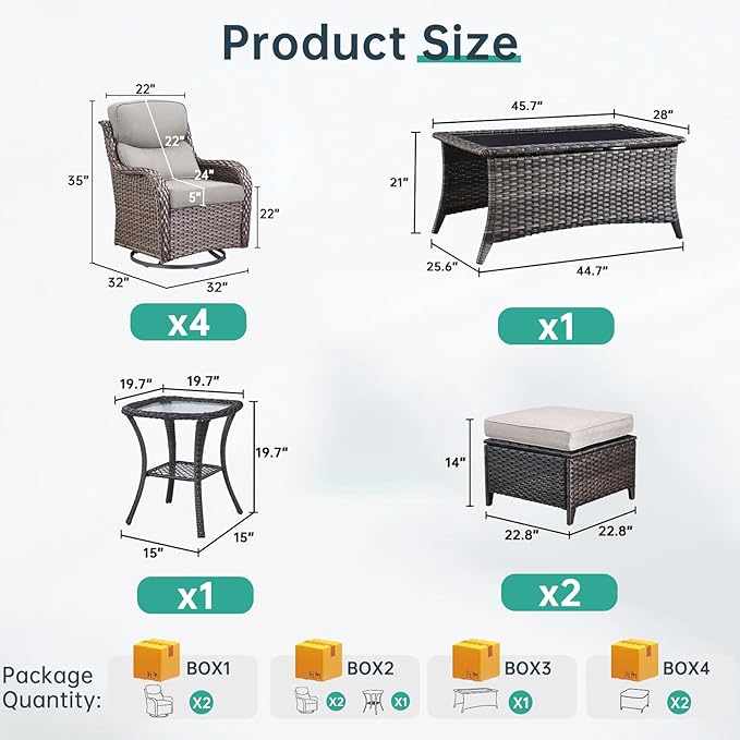Outdoor Swivel Rocker Patio Chairs Set of 4 with Ottoman Coffee Table - 5" Thick Cushion 8 Piece Furniture Set All Weather Comfortable Wicker Conversation Set for Porch Deck - Brown/Beige
