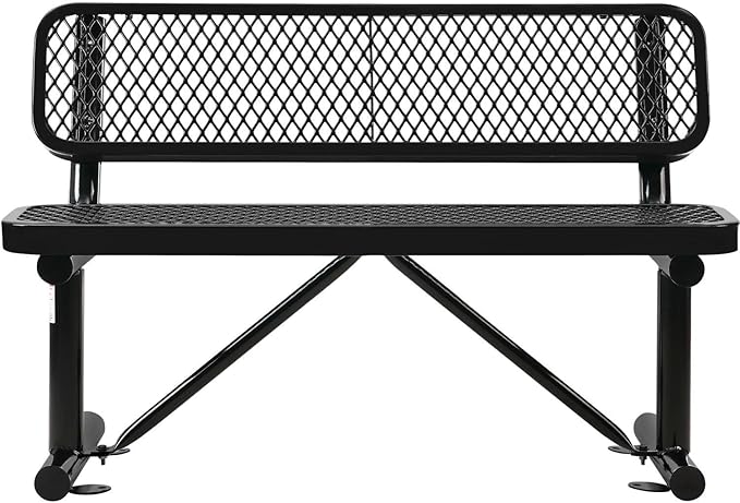 Global Industrial 4'L Heavy Duty Expanded Metal Mesh Bench with Backrest with Steel Frame, Portable Outdoor Bench, 1000 lbs Capacity, Black, 48" L x 24" W x 33" H