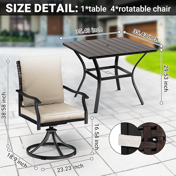 LEVELEVE 5 Piece Outdoor Patio Dining Set with 4 Swivel Dining Chairs & 1 Large Square Dining Table,Bistro Furniture Set for Lawn, Garden, Deck, Backyard and Porch