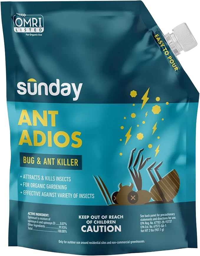 Sunday Ant Adios - Bug & Ant Killer - Outdoor Insect Control Uses Spinosad to Eliminate Ants, Earwigs, Cutworms, & More - for Organic Gardening - Treats 4,000 sq ft - Results in 3-14 Days - 2lbs