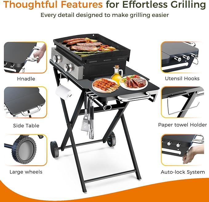 Upgraded Gril Table Stand for Blackstone 17” & 22” Griddle, Ninja Woodfire Outdoor Grills, Ooni Pizza Oven, 34"x20" Foldable Grill Cart with Wheels and Handle for Camping & Backyard BBQ