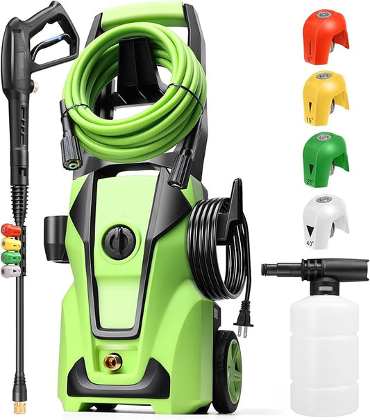 Pressure Cleaner 5000PSI Max 4.0GPM with 33FT Flexible Extension Hose, 4 Nozzles, Foam Cannon, Power Cleaner Powered for Cars, Patios, Driveways, Green