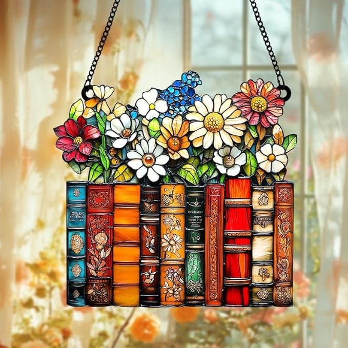 Stack of Books Christmas Ornament Floral Bookish Acrylic Suncatcher Stained Glass Effect Window Hanging for Book Lover Reading Nook Decor Gift for Librarian Readers