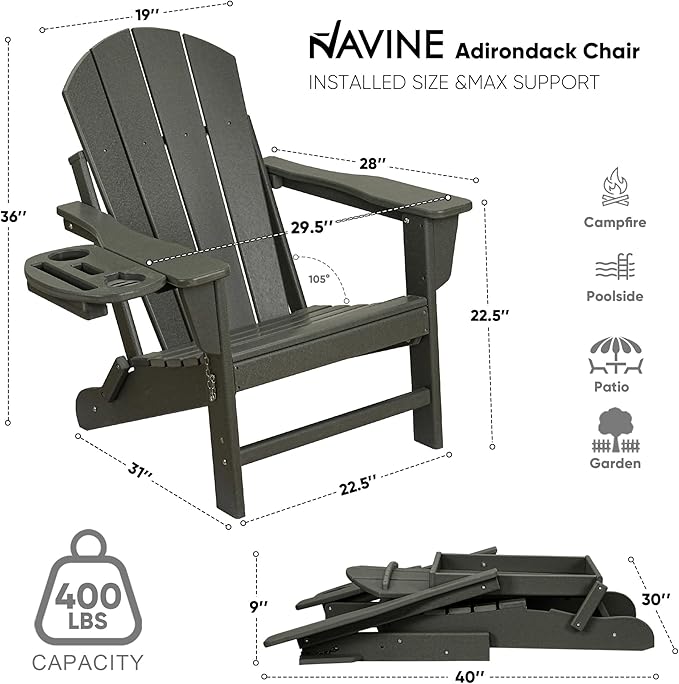 Adirondack Chair Set of 8, HDPE Folding Adirondack Chair with Multifunctional Cup Holder, Weather Resistant Fire Pit Chair for porches, patios, poolsides, Decks.