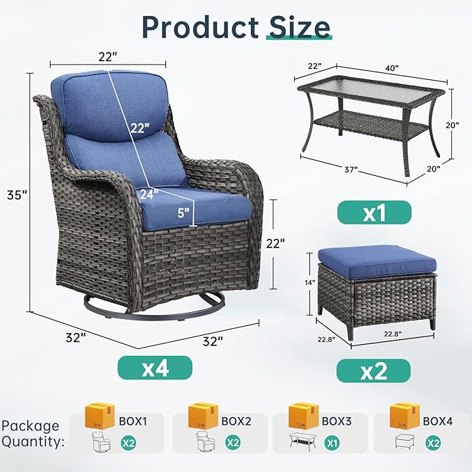 Outdoor Swivel Rocker Patio Chairs Set of 4 with Coffee Table - 5" Thick Cushion 7 Piece Furniture Set All Weather Comfortable Wicker Conversation Set for Porch Deck - Gray/Blue