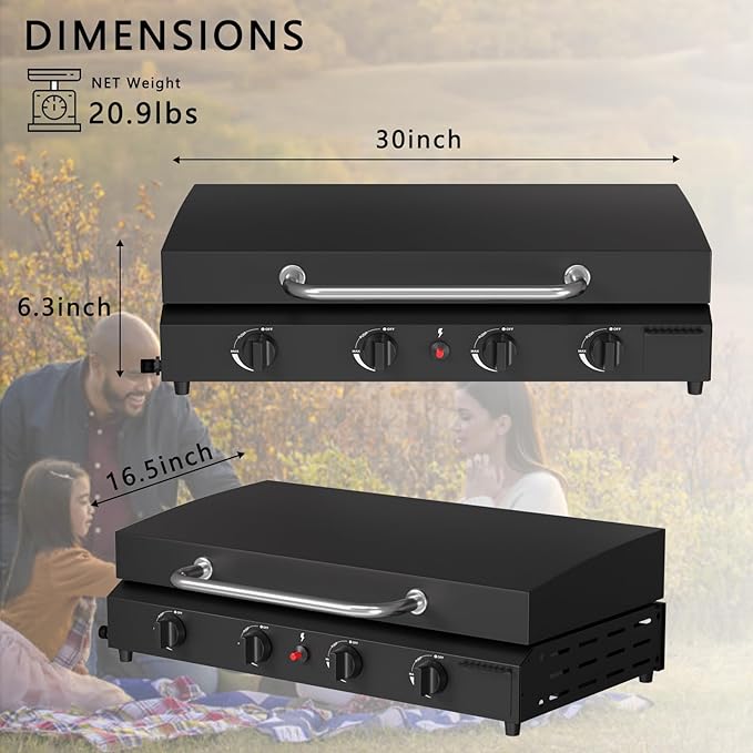 SKOK 4 Burner Gas Griddle with Hood- 30 Inch Outdoor Propane Griddle-60000 BTU Propane Fuelled, Portable Flat Top Gas Grill Camping Griddle with Lid