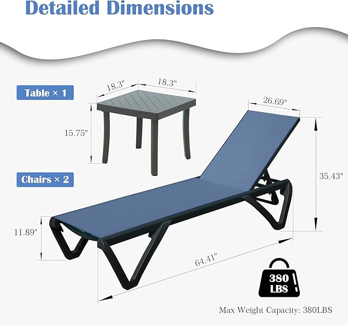 Domi Outdoor Lounge Chair, Aluminum Plastic Patio Chaise Lounge with Side Table & 5 Position Adjustable Backrest & Wheels, All Weather Pool Reclining Chair for Outside Beach Poolside Lawn, Navy Blue