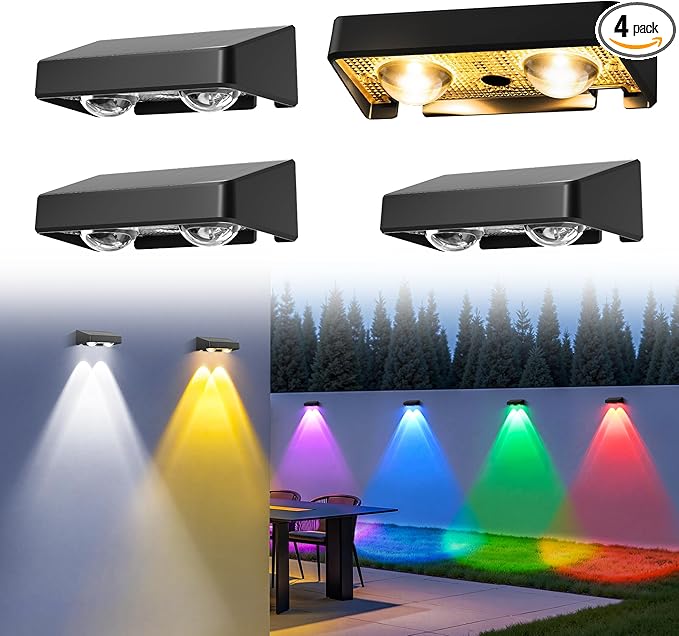 Solar Fence Lights Outdoor,50 LM 11 Modes & 9 Colors Solar Lights with Brighter LED Focus Lens Waterproof IP65 for Wall Backyard Deck Patio Porch Step Railings Pool Decor（4 Pack）