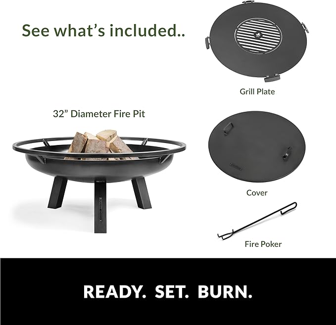 Ember 24" Handcrafted Cooking Fire Pit with Grill Plate Attachment and Cover Lid Attachment for Wood Burning for Backyard Grilling Campfire for Camping, Outdoor Steel Firepit, by Good Directions
