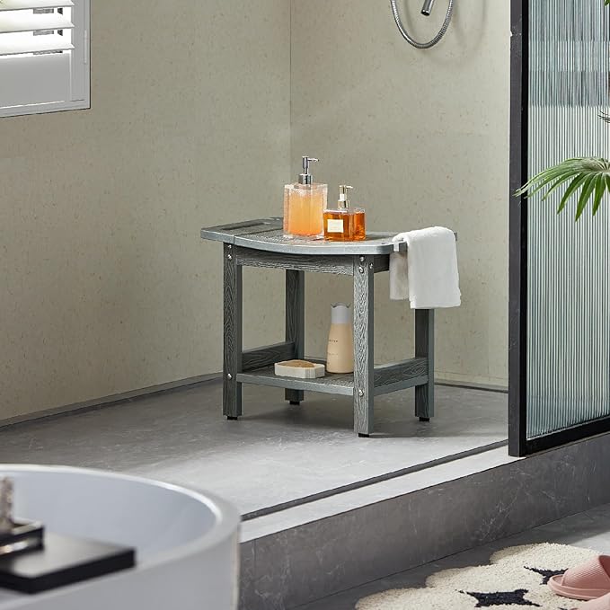 Waterproof Shower Stool for Inside Shower,Heavy Duty Bench for Shower, Plastic Bariatric Shower Bench with Handles & Shower Head Holder, Poly Lumber Shower Chair Seat with Storage Shelf (Gray)