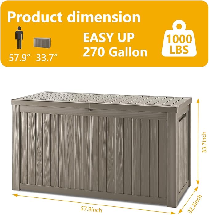 Mersco 270 Gallon Double-Wall Resin Deck Box - Lockable Waterproof Outdoor Storage Box, 1000lbs Capacity & Doubles as Seating for Patio Furniture - Garden Tools, Pool Accessories (Grey)