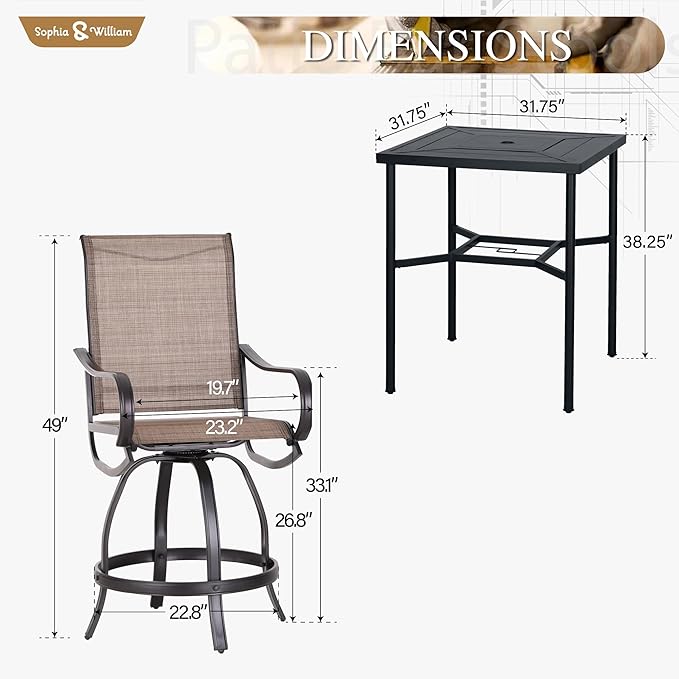 Sophia & William 3 pcs Outdoor Bar Set, Patio Bar Table and Chairs Set, Counter Height Patio Set - 2 x Swivel Bar Chairs, 1 x Square Bar Table