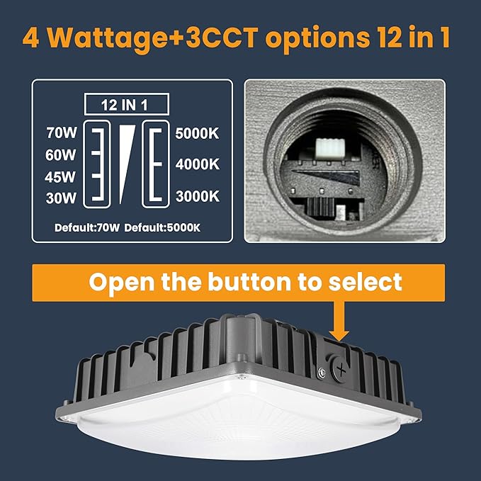 LED Canopy Light 70W 3CCT 3000/4000/5000K, 30/45/60/70W Selectable, IP65 Waterproof, LED Canopy Lights Outdoor, Dim 100-277VAC, Square Gas Station Light for Garage Carport, ETL Listed