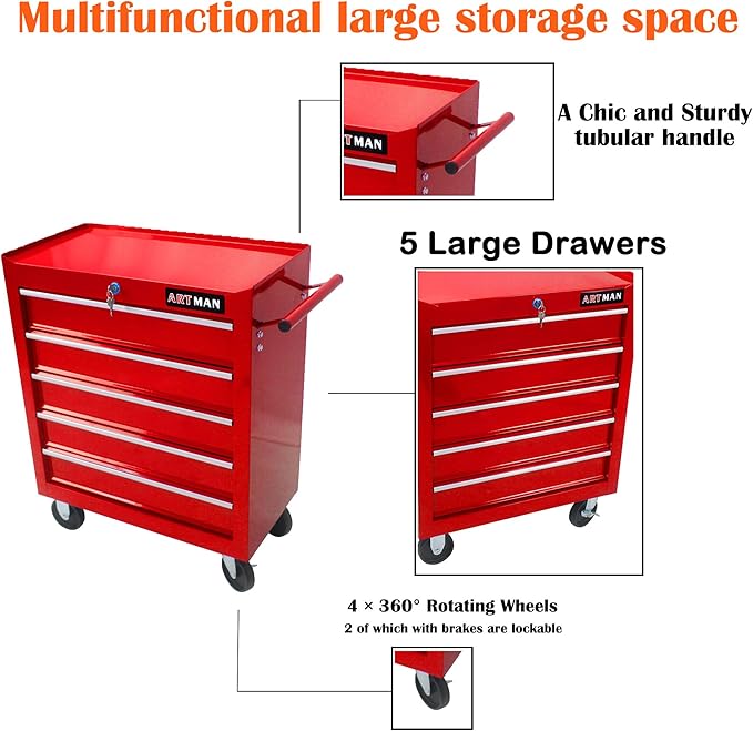 5 Large Drawers Rolling Tool Cart on Wheels, Trolley Organizer Tool Case Chest, Multifunctional Tool Storage Box for Workshop, Garage, Warehouse, Repair Shop(5 Drawers-29.3" H-Red)