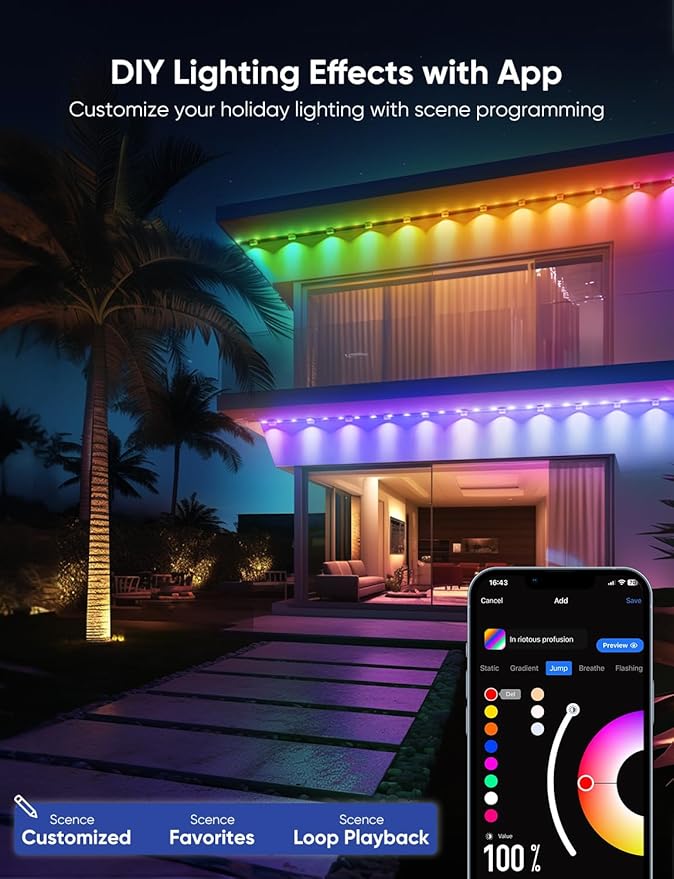 APPECK Permanent Outdoor Lights Pro 200ft, 144W RGBCW Eaves Lights with 144 LED Lights, 80lm, Cuttable, 111 Scene Modes, IP67 Waterproof Lighting for Halloween Decoration, Work with Alexa, Black