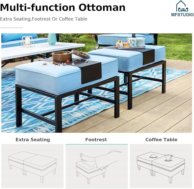 MFSTUDIO 6 Pieces Patio Furniture Sets with 45" Gas Fire Pit Table(Up to 7 Seat),Outdoor Metal Conversation Sofas with 1 x 3-Seat Sofa, 2 Swivel Chairs and 2 Ottoman,Blue Cushion